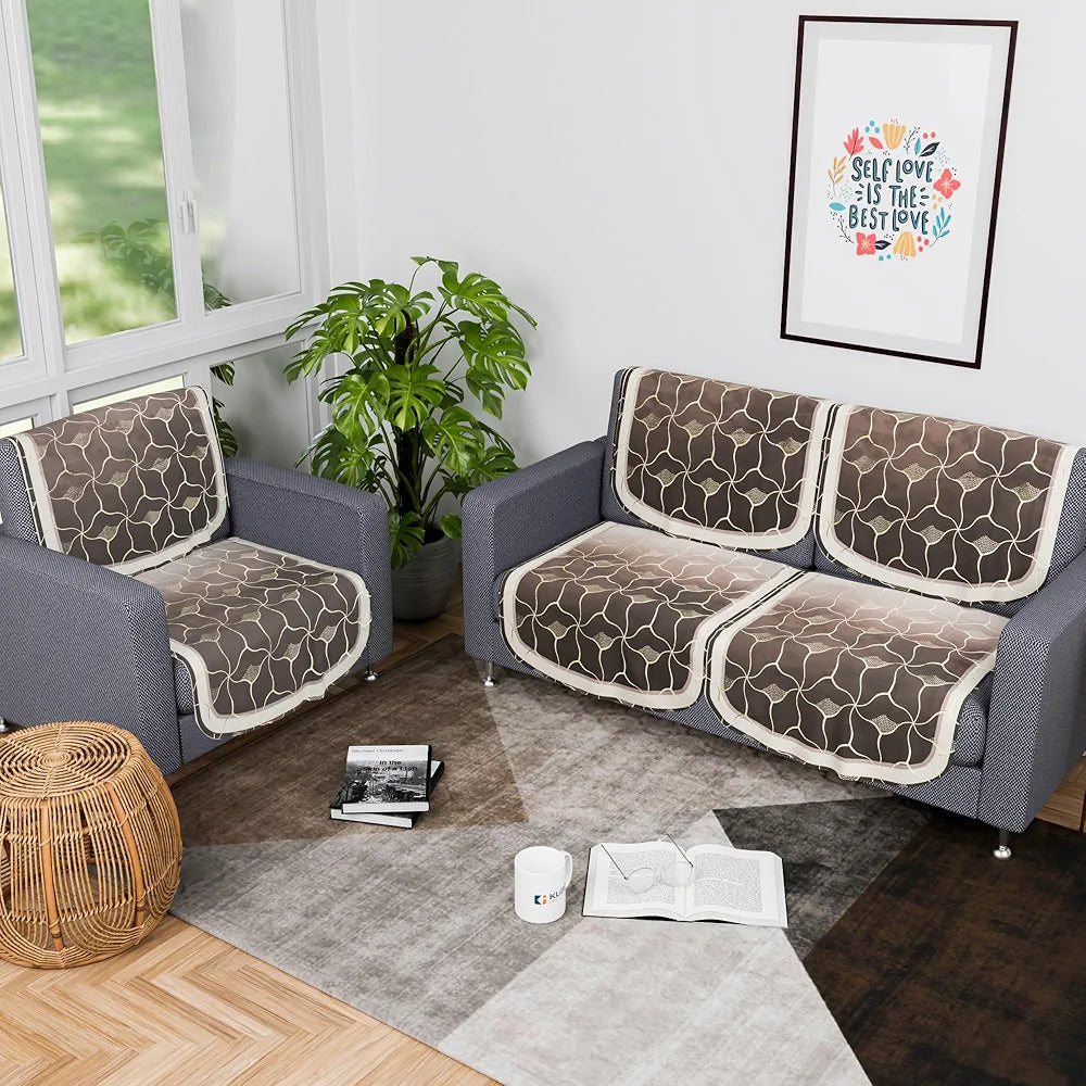 Kuber Industries Set of 6 Durable 2+1 Seater Sofa Cover for Living Room | Easy Machine Washable Sofe ke cover for Protection & Comfort for Home Furniture | Arabica Look - Brown & Golden Foil